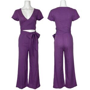 Urban Outfitters UO Kiera Linen Wrap Detail Jumpsuit XS Purple Cutout
